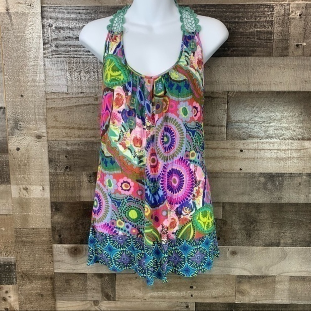 Jaloux Bright Color Abstract Print Crochet Detail Tank SZ Small Green Pink Blue